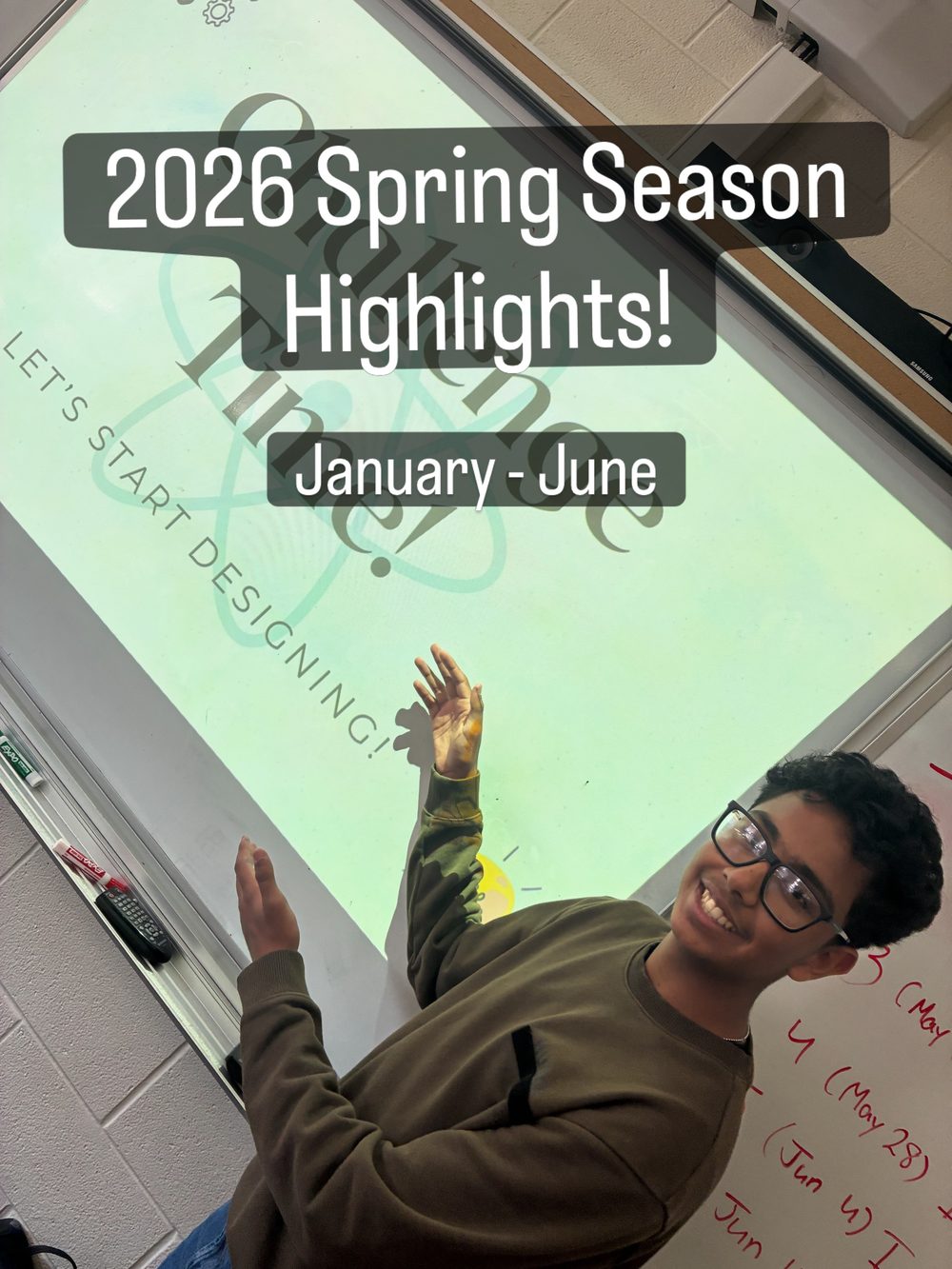 A STEMroots chapter member smiling in front of a projected lesson slide, from the 2026 spring season recap
