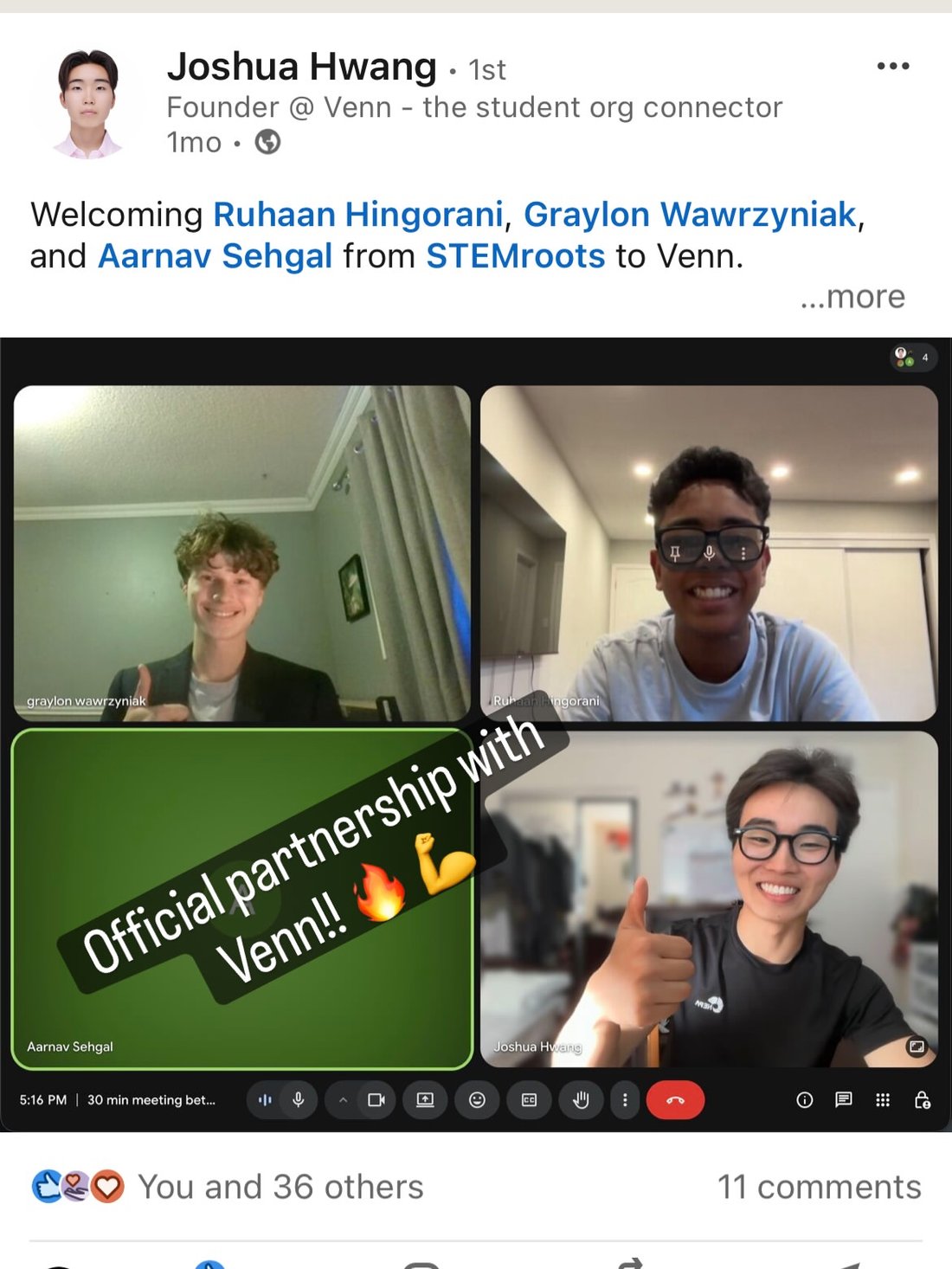 A LinkedIn post from the founder of Venn welcoming the STEMroots team, with a screenshot of their video call